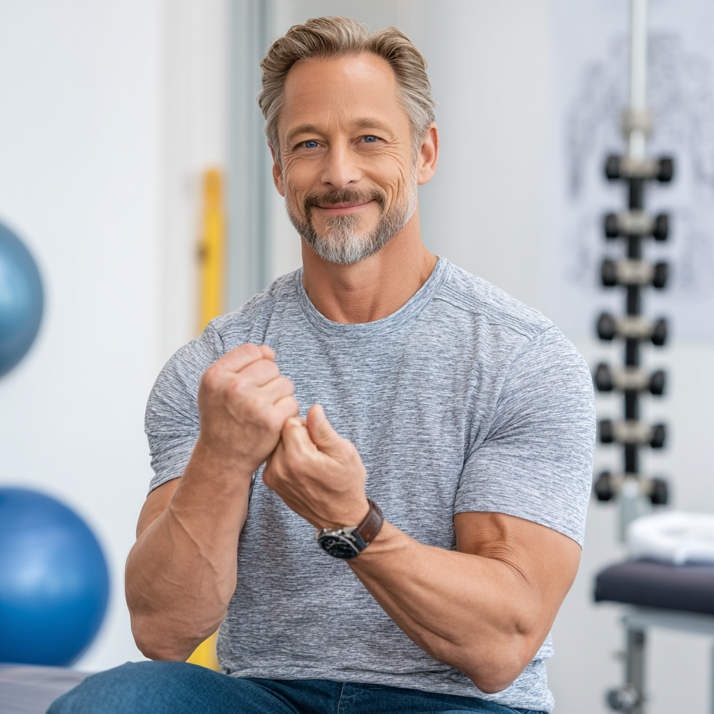 Група людей європейської зовнішності різного віку з щасливими усмішками виконує групові вправи для зміцнення суглобів у сучасному залі